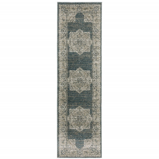 8' Blue And Beige Oriental Runner Rug