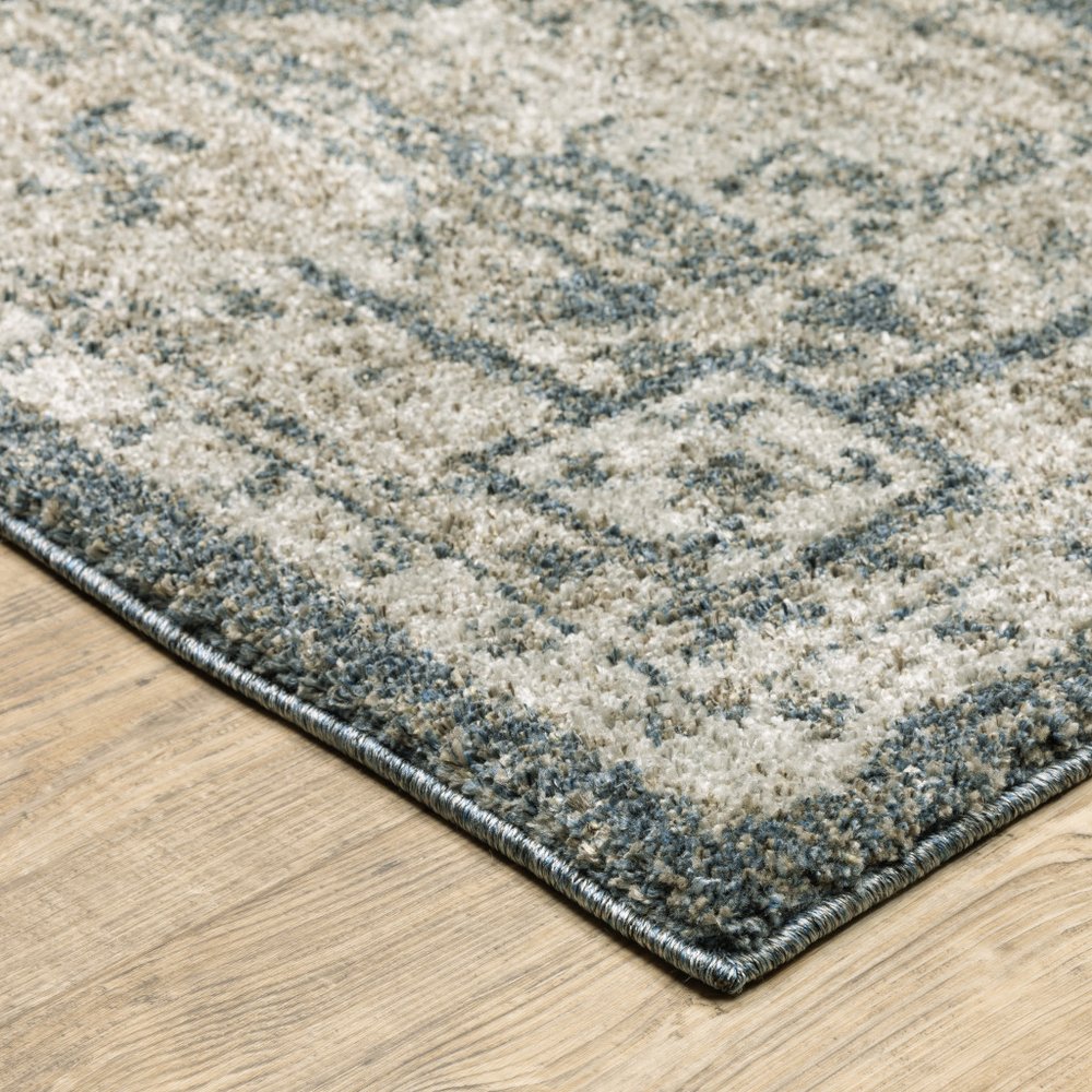 8' Blue And Beige Oriental Runner Rug