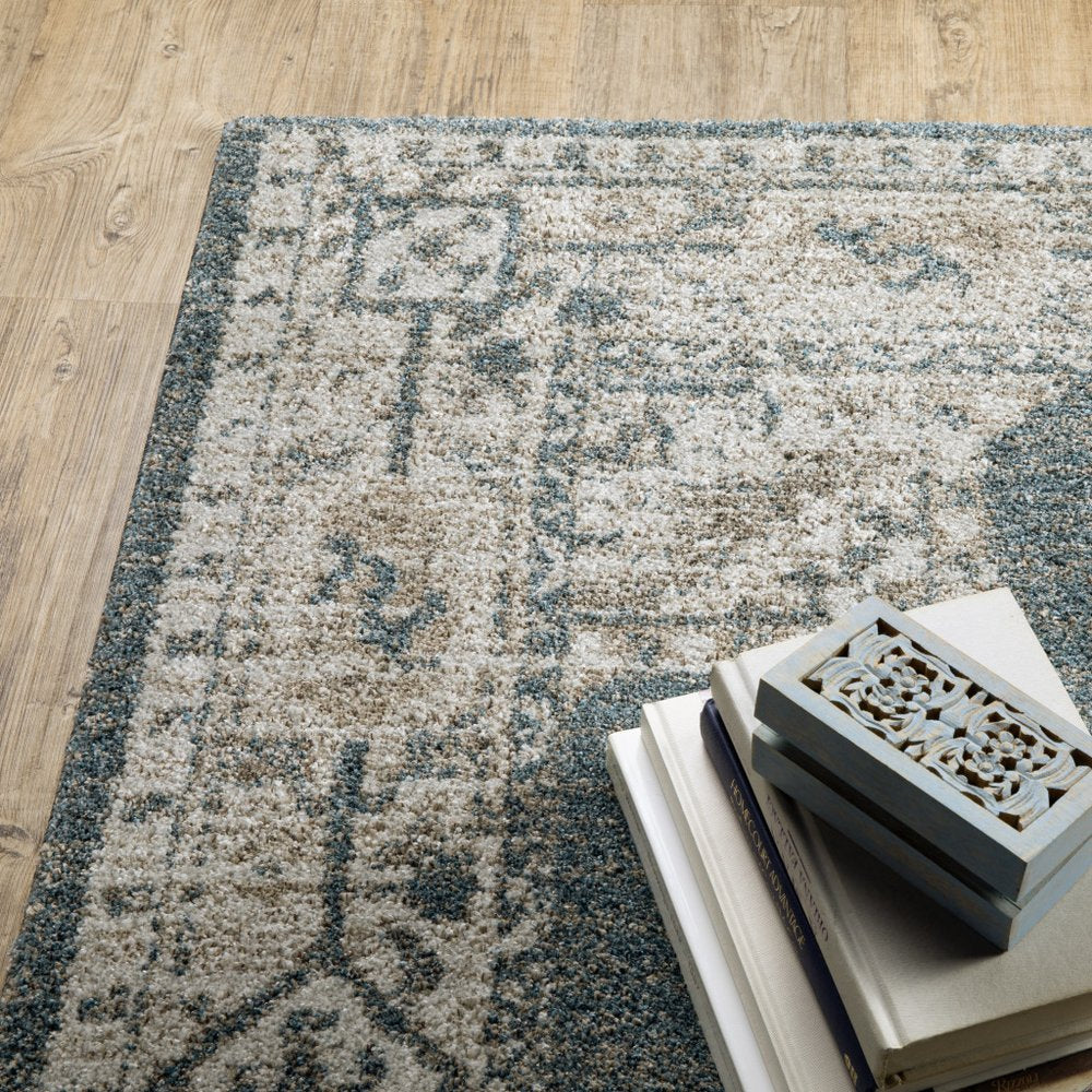 8' Blue And Beige Oriental Runner Rug