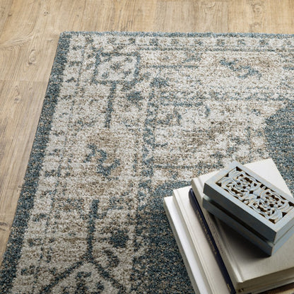 8' Blue And Beige Oriental Runner Rug