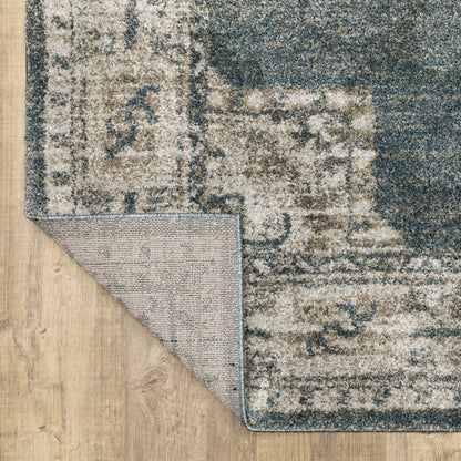 8' Runner Blue and Beige Oriental Power Loom Runner Rug