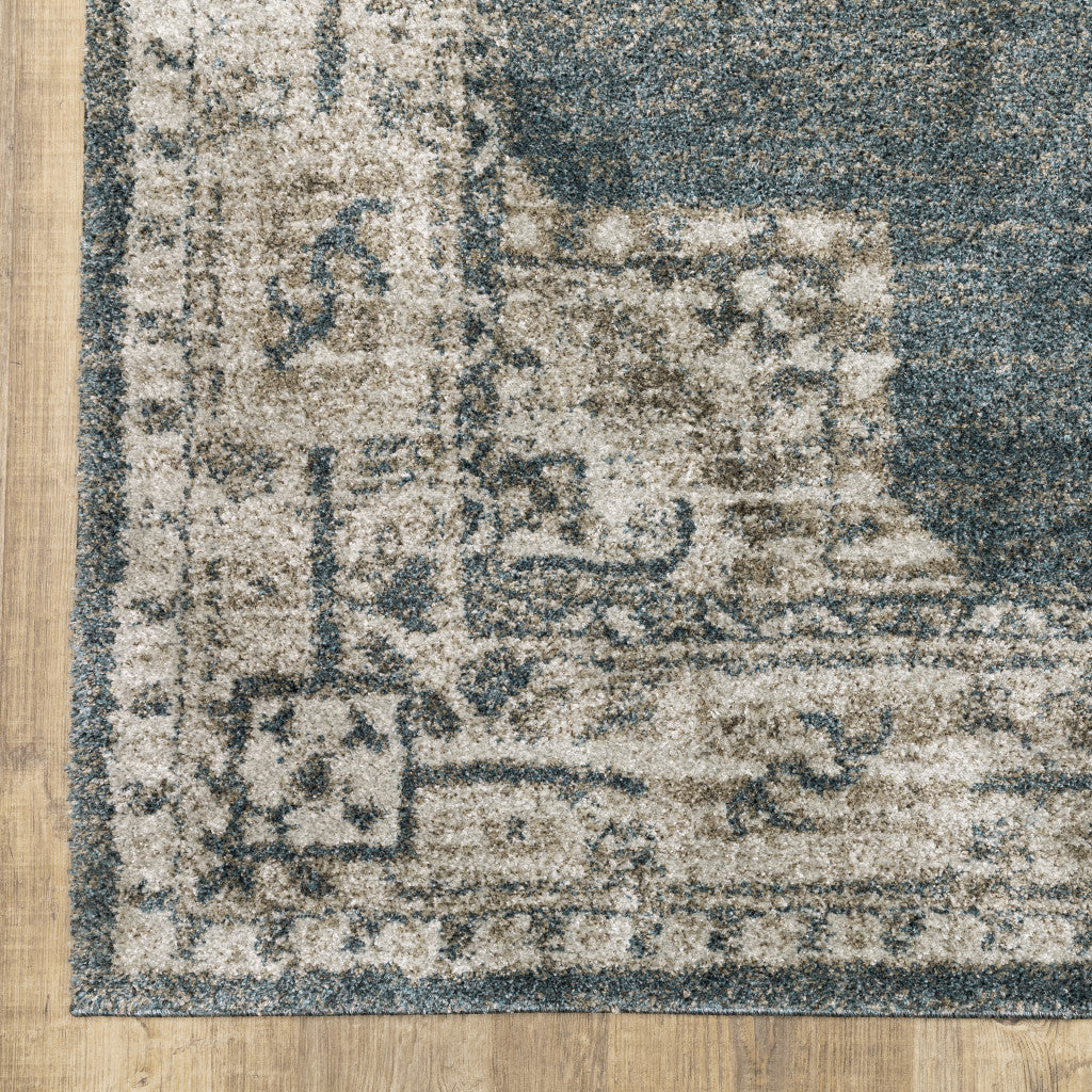 8' Runner Blue and Beige Oriental Power Loom Runner Rug