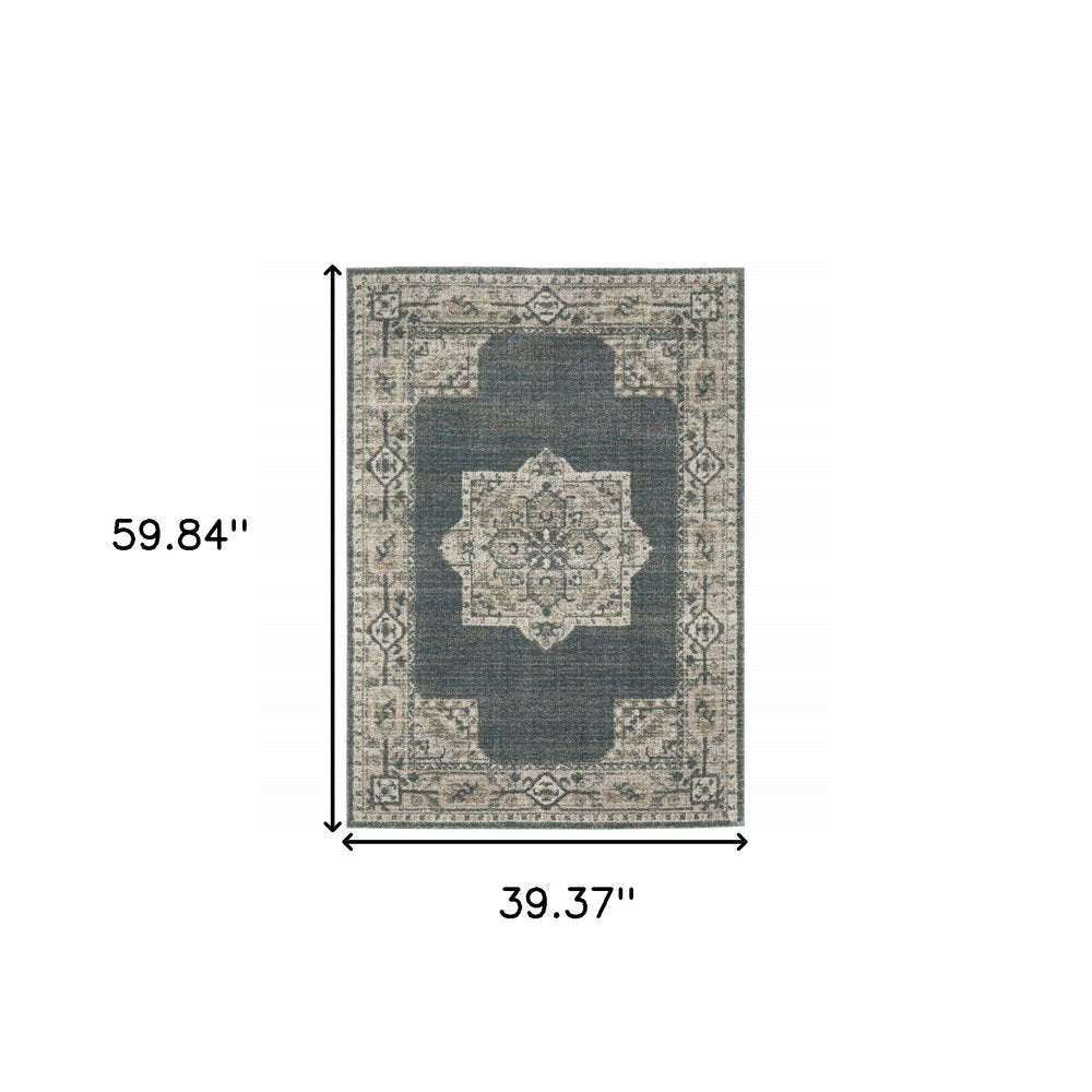 3' X 5' Blue and Beige Oriental Power Loom Area Rug