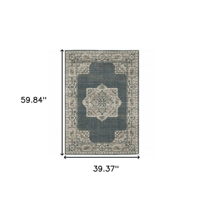 3' X 5' Blue and Beige Oriental Power Loom Area Rug