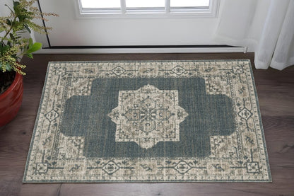 3' X 5' Blue and Beige Oriental Power Loom Area Rug