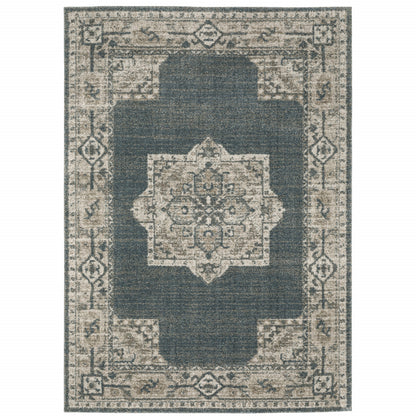 5' X 8' Blue and Beige Oriental Power Loom Area Rug