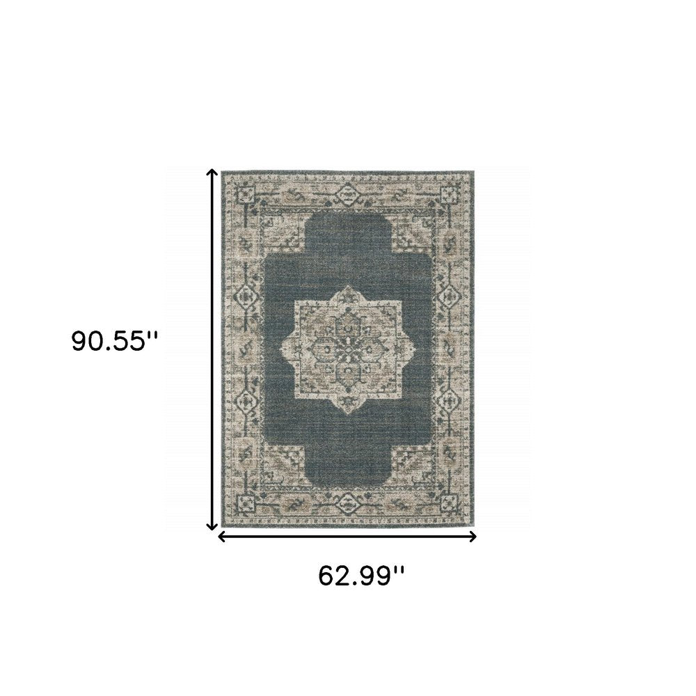 5' X 8' Blue and Beige Oriental Power Loom Area Rug