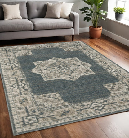 5' X 8' Blue and Beige Oriental Power Loom Area Rug