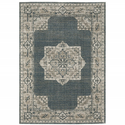 5' X 8' Blue and Beige Oriental Power Loom Area Rug