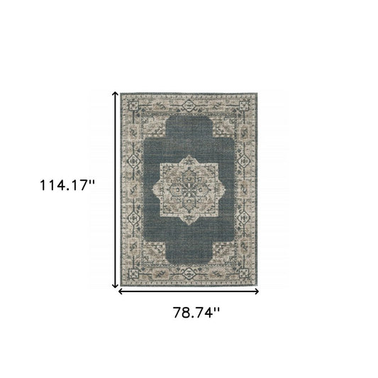 7' X 10' Blue and Beige Oriental Power Loom Area Rug