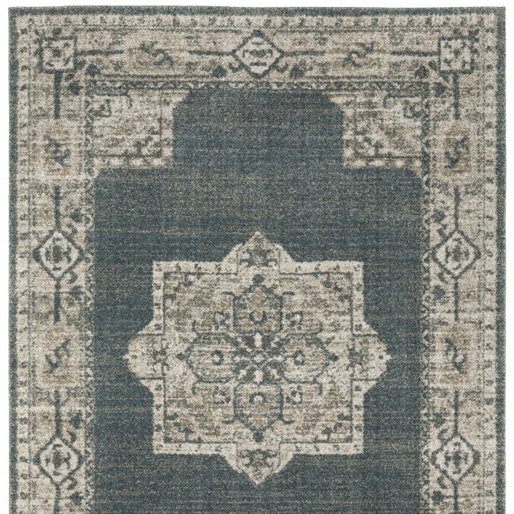 8' X 11' Blue and Beige Oriental Power Loom Area Rug