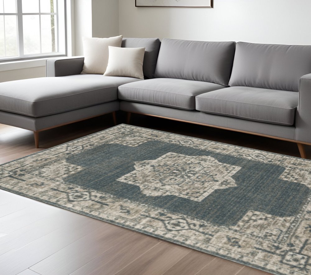 10' X 13' Blue and Beige Oriental Power Loom Area Rug