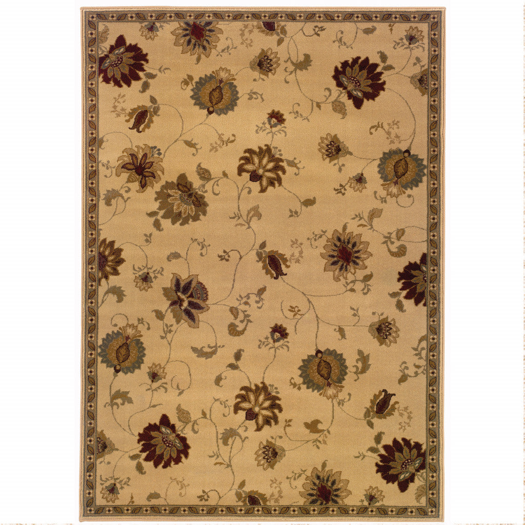 5' X 8' Ivory Green Brown Blue And Rust Floral Power Loom Stain Resistant Area Rug