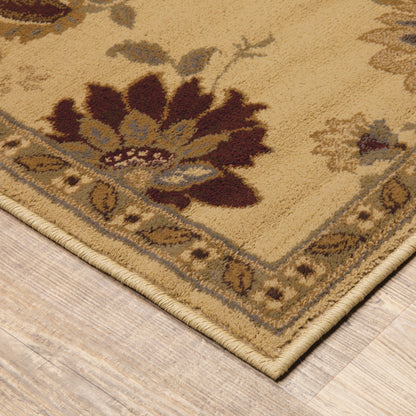 5' X 8' Ivory Green Brown Blue And Rust Floral Power Loom Stain Resistant Area Rug