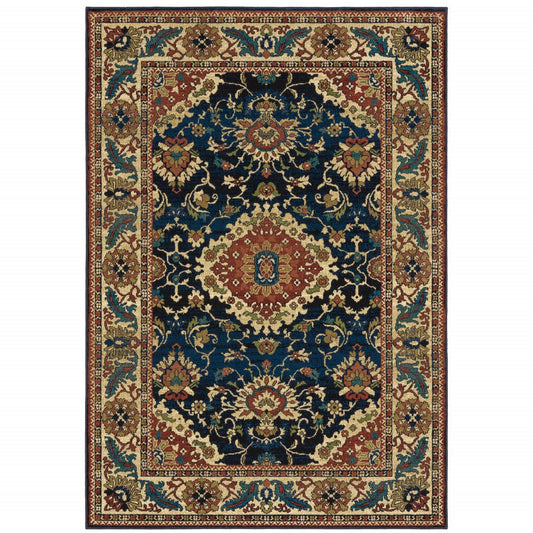 10' X 13' Blue Red And Beige Oriental Power Loom Stain Resistant Area Rug