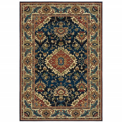 10' X 13' Blue Red And Beige Oriental Power Loom Stain Resistant Area Rug