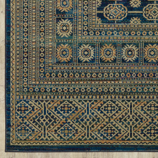 10' X 13' Blue And Gold Oriental Power Loom Stain Resistant Area Rug