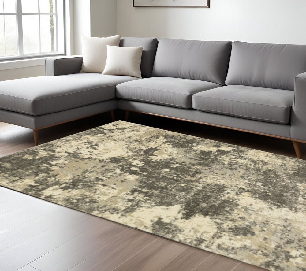 10' X 13' Charcoal Grey Beige And Tan Abstract Power Loom Stain Resistant Area Rug