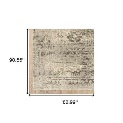 5' X 8' Grey Ivory Beige And Taupe Oriental Power Loom Stain Resistant Area Rug