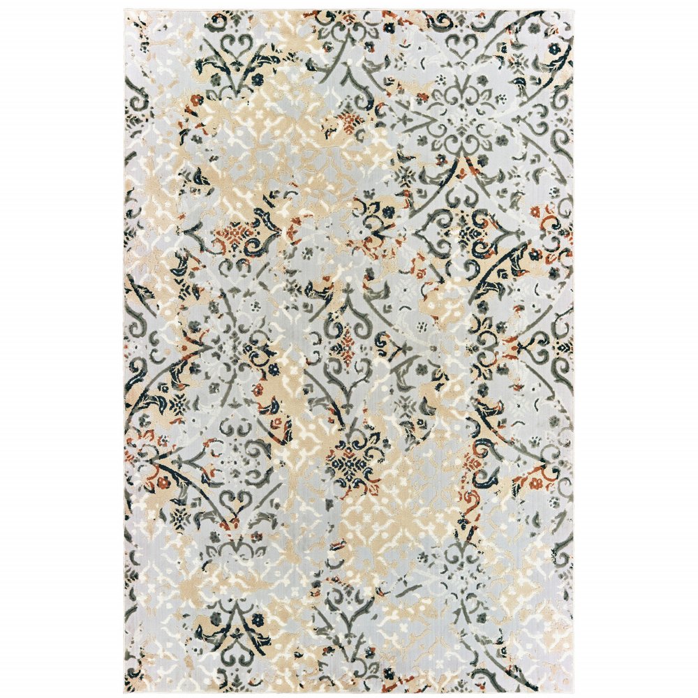 7' X 10' Gray And Gold Abstract Distressed Area Rug