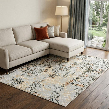 7' X 10' Gray And Gold Abstract Distressed Area Rug