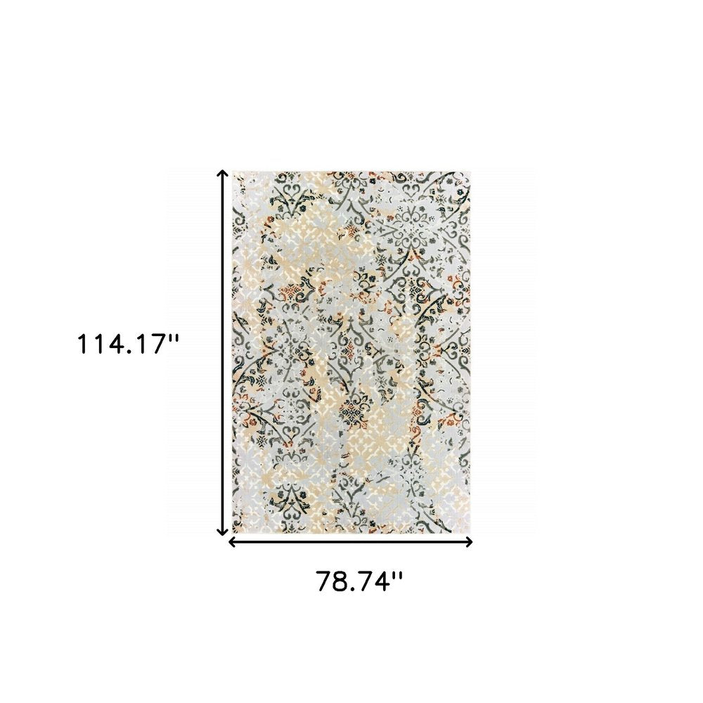 7' X 10' Gray And Gold Abstract Distressed Area Rug