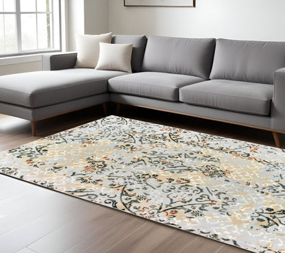 7' X 10' Gray And Gold Abstract Distressed Area Rug