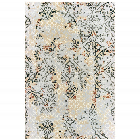 8' X 11' Gray And Gold Abstract Distressed Area Rug