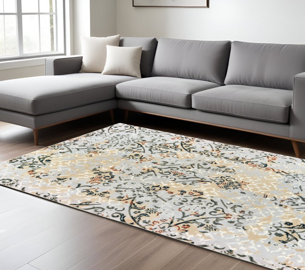 8' X 11' Gray And Gold Abstract Distressed Area Rug