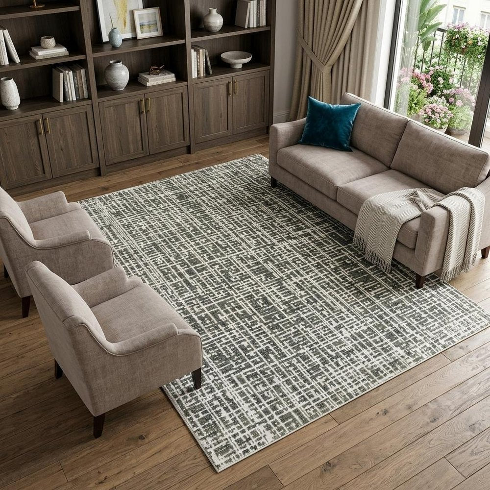 7' X 10' Gray And Ivory Abstract Area Rug