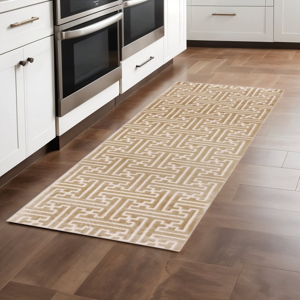 2' X 8' Gold And Ivory Geometric Power Loom Stain Resistant Runner Rug
