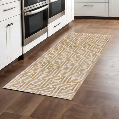 2' X 8' Gold And Ivory Geometric Power Loom Stain Resistant Runner Rug
