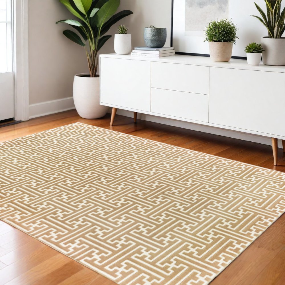 4' X 6' Gold And Ivory Geometric Area Rug