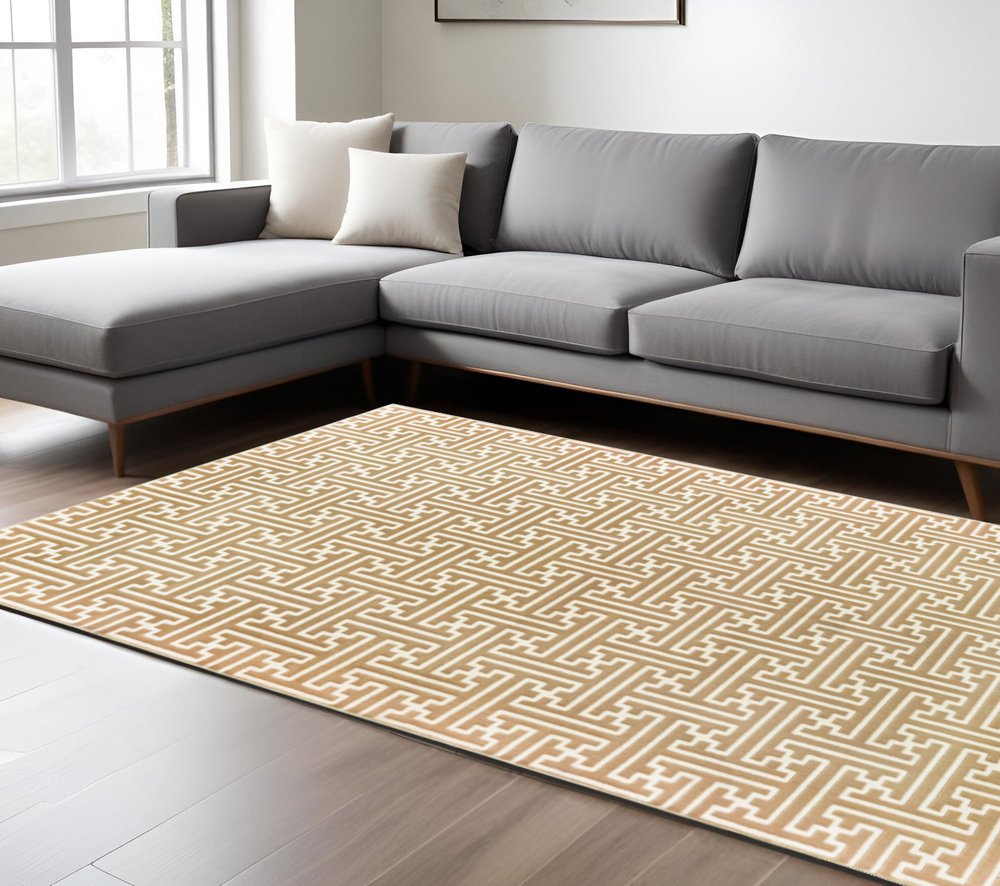 7' X 10' Gold And Ivory Geometric Area Rug