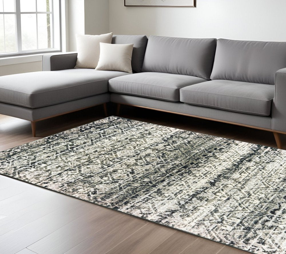 8' X 11' Gray And Ivory Geometric Distressed Area Rug