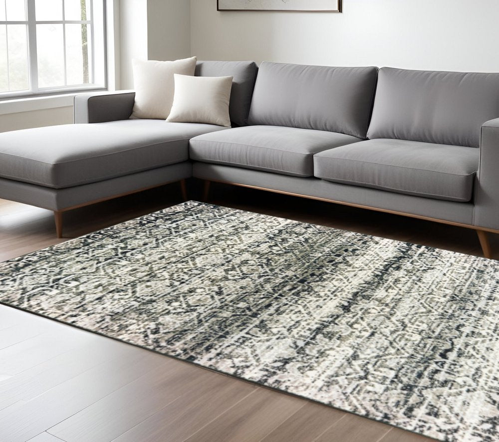10' X 13' Grey And Ivory Geometric Power Loom Stain Resistant Area Rug