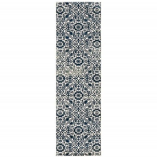 2' X 8' Navy And Ivory Geometric Power Loom Stain Resistant Runner Rug