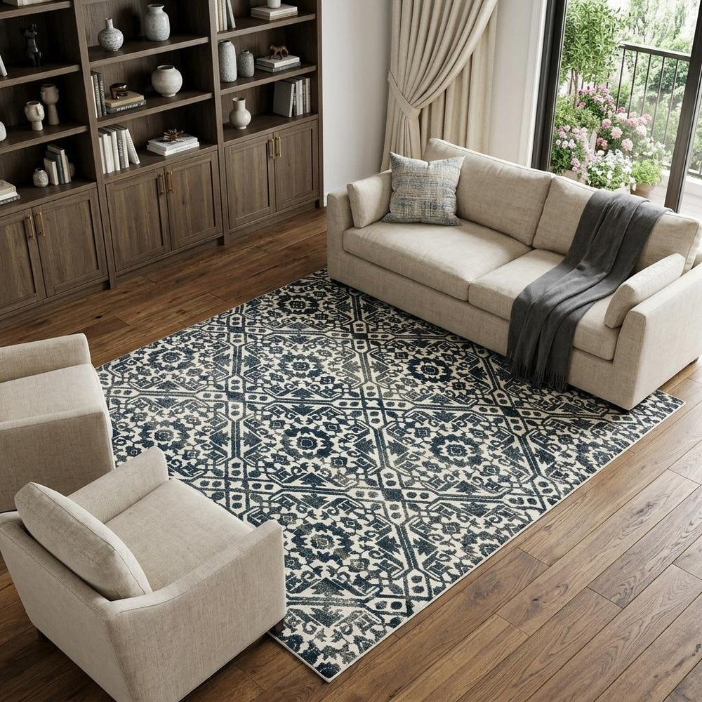 7' X 10' Navy Blue And Ivory Geometric Distressed Area Rug