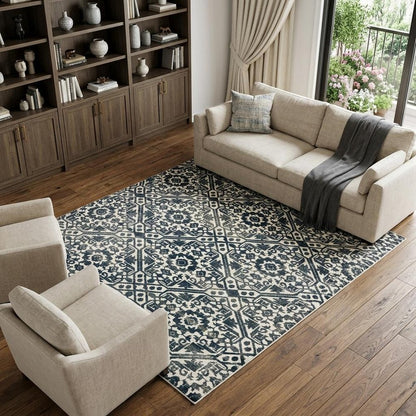 7' X 10' Navy Blue And Ivory Geometric Distressed Area Rug