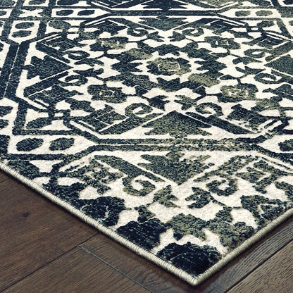8' X 11' Navy Blue And Ivory Geometric Distressed Area Rug