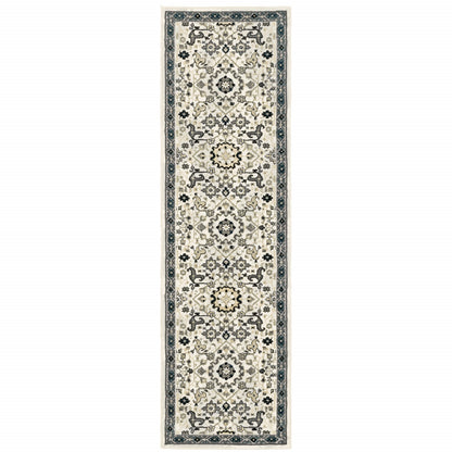 2' X 8' Ivory Navy And Gold Oriental Power Loom Stain Resistant Runner Rug