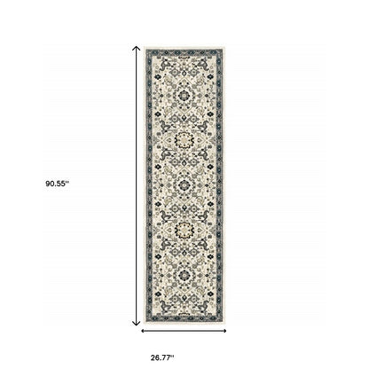 2' X 8' Ivory Navy And Gold Oriental Power Loom Stain Resistant Runner Rug