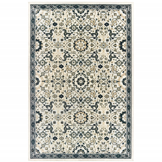 5' X 8' Ivory Navy And Gold Oriental Power Loom Stain Resistant Area Rug