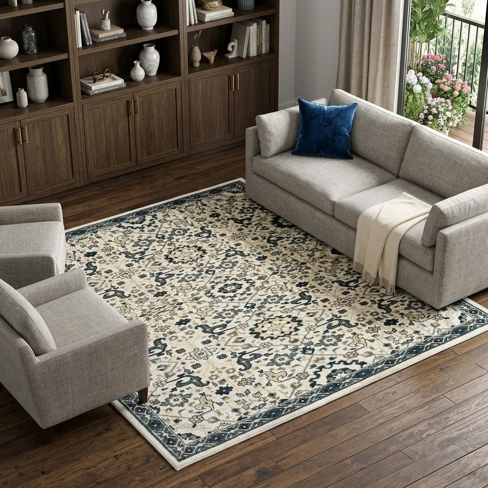 7' X 10' Ivory And Navy Blue Oriental Area Rug