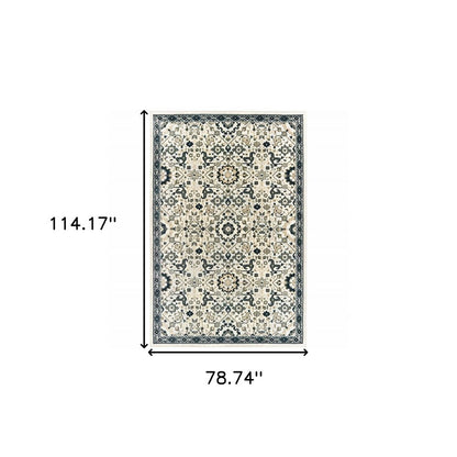 7' X 10' Ivory And Navy Blue Oriental Area Rug