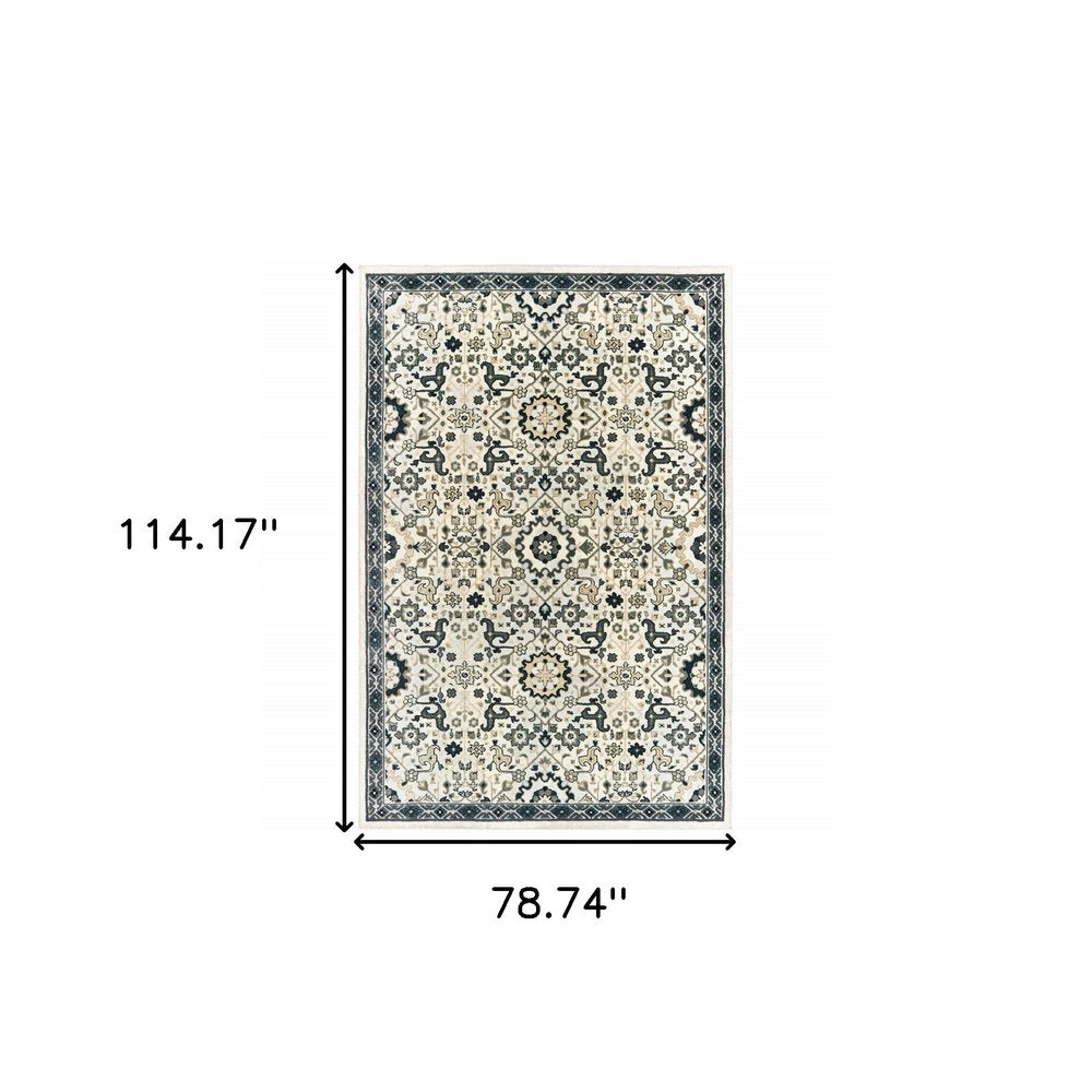 7' X 10' Ivory And Navy Blue Oriental Area Rug