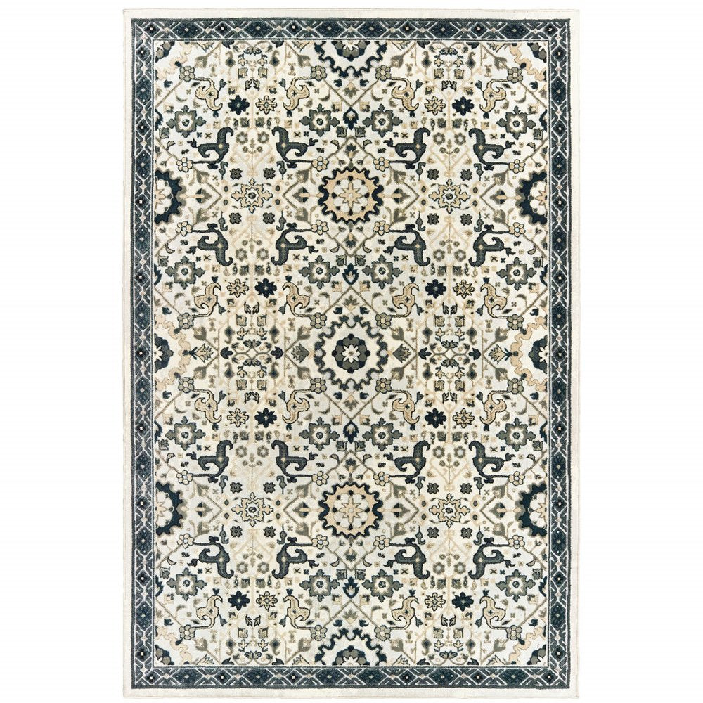 8' X 11' Ivory And Navy Blue Oriental Area Rug