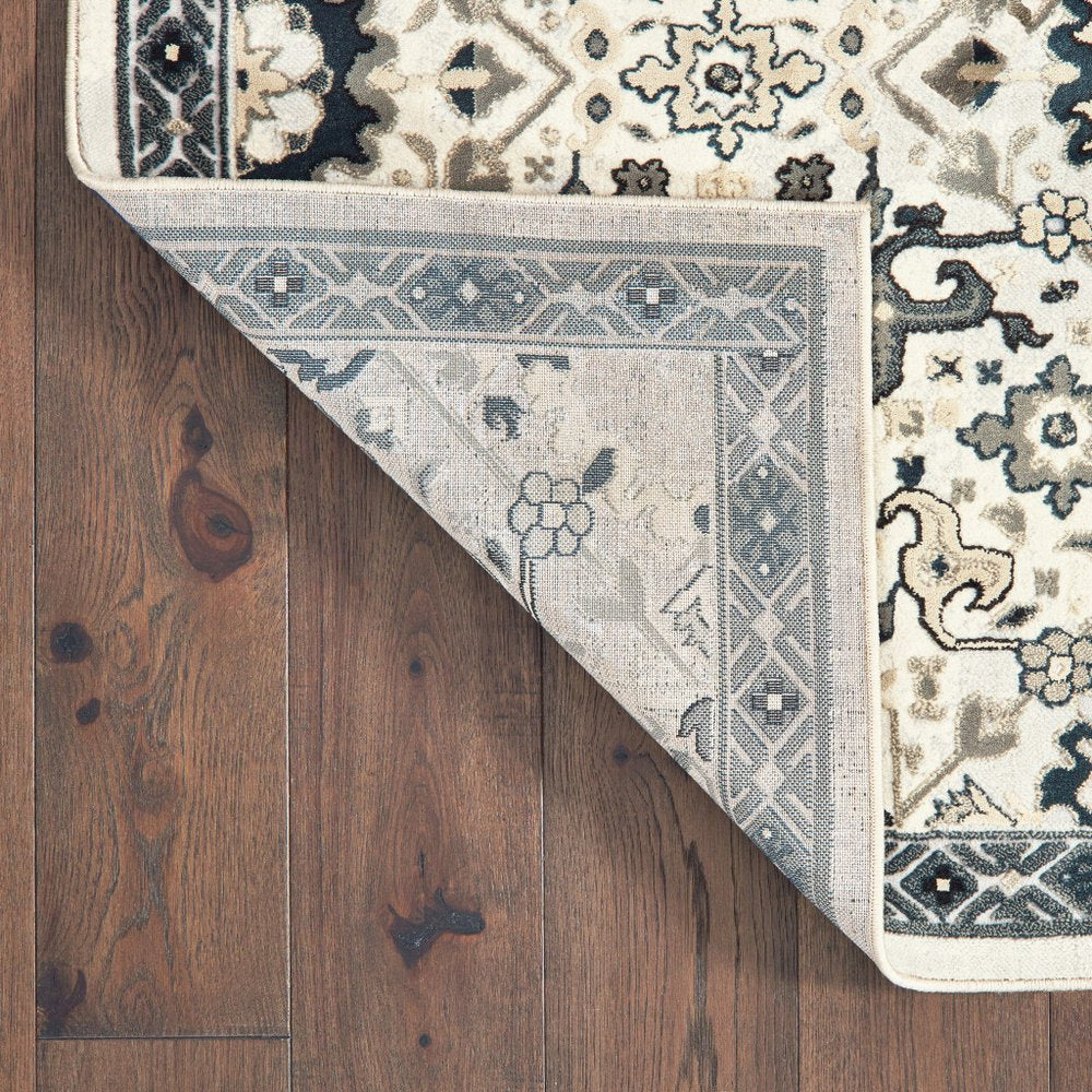 8' X 11' Ivory And Navy Blue Oriental Area Rug
