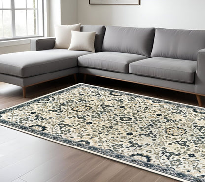 8' X 11' Ivory And Navy Blue Oriental Area Rug