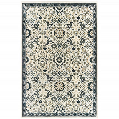 10' X 13' Ivory Navy And Gold Oriental Power Loom Stain Resistant Area Rug